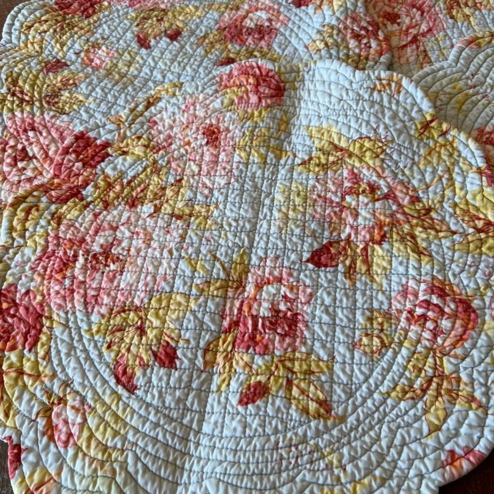 C&F Blue & Pink Floral Round Quilted, Reversible Striped Placemats Set of 4